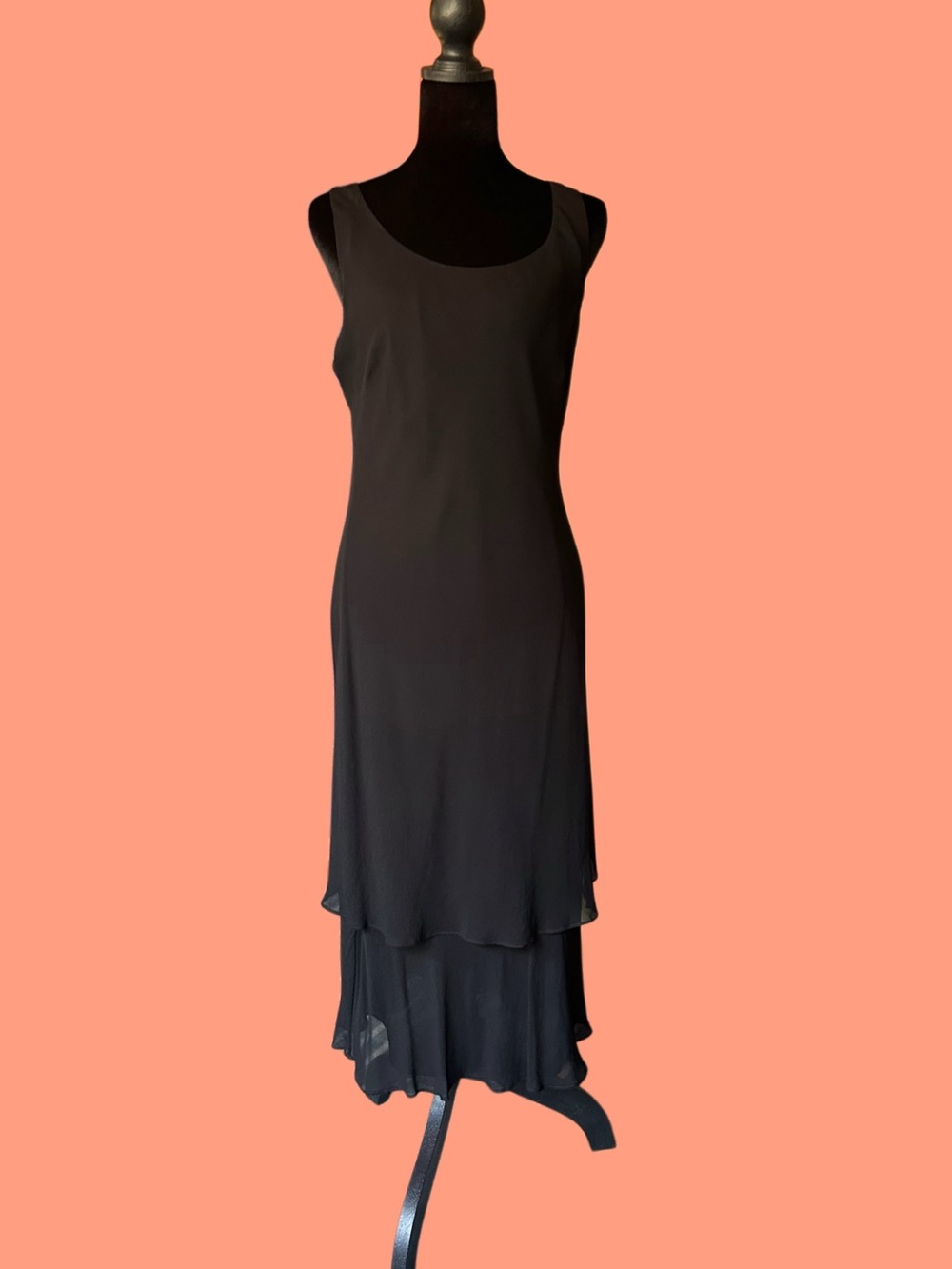Simply Silk Black Lined Sleeveless Silk Midi Dress w/Tiered Chiffon Hem